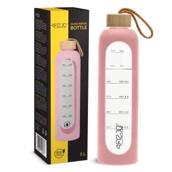 4FIZJO Glass Sports Water Bottle 1 L with Silicone Sleeve, Pink