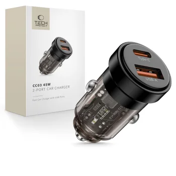 Tech-Protect CC03 45W 2-Portu USB-A / USB-C Automašīnas Lādētājs - Melns