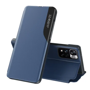 Atverams vāciņš Hurtel Eco Leather View Case tālrunim Poco M4 Pro 5G ar statīvu, zils