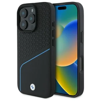 BMW iPhone 16 Pro Max vāciņš Sign Leather Textured And Line MagSafe, melns