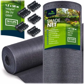 Plonos 454110 Shading Net 1.2x50m 140g/m² with 50 Clips, Grey