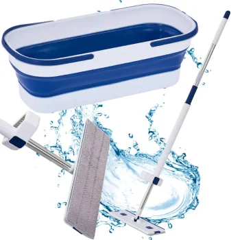 Flat Microfiber Mop with Collapsible Bucket and Squeegee