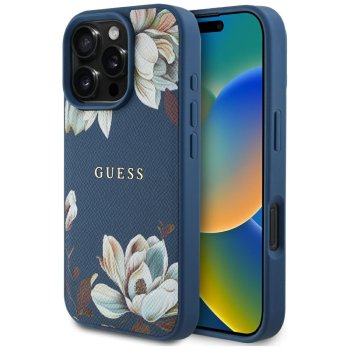 Guess Grained Printed Flower Pattern MagSafe vāciņš iPhone 16 Pro Max zilā krāsā | Phone Case Cover Blue