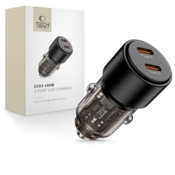 Tech-Protect PD100W CC03 automašīnas lādētājs ar 2x USB-C, melns