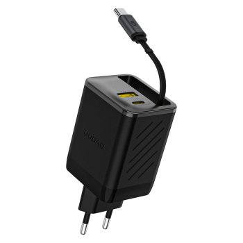 Dudao A67EU GaN 67W sienas lādētājs ar iebūvētu izbīdāmu USB-C Power Delivery ātrās uzlādes kabeli – melns