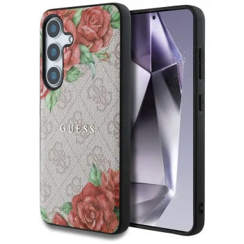 Guess Leather 4G Flowers Print MagSafe vāciņš Samsung Galaxy S25, rozā