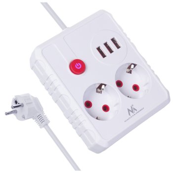 Сетевой фильтр Maclean MCE388 W, 2 розетки, 3x USB, 2500 Вт, 3 м, белый