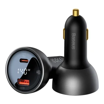 Baseus digitālais ātrais auto lādētājs ar displeju USB-A / USB-C PD3.1 140W melns + USB-C kabelis Baseus Superior...