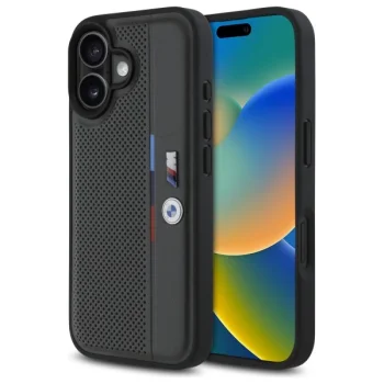 Чехол BMW для iPhone 16 M Perforated Tricolor Detail Line, темно-серый