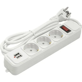 Extension cord 1.8m, 3 sockets + 2 USB, with switch, white