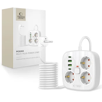 Сетевой фильтр Tech-Protect PCS3X4, 3 розетки, 2xUSB-A, 2xUSB-C 200 см, белый