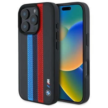 BMW M Performance trīskrāsains MagSafe futrālis iPhone 16 Pro ar apdrukātām svītrām - melns | Tricolor Printed...