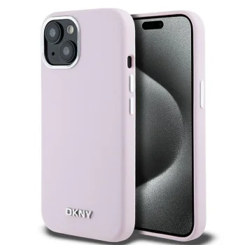 Чехол DKNY для iPhone 15 Silicone Horizontal Metal Logo MagSafe, розовый