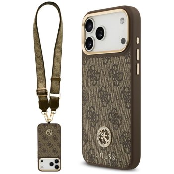 Guess 4G Strass Logo & Big Strap Metal Buttons MagSafe Phone Case Cover iPhone 17 Pro Max - Brown