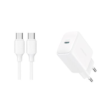 Joyroom JR-TCF20 USB-C PD 20W tīkla lādētājs – balts + USB-C / USB-C kabelis 1 m
