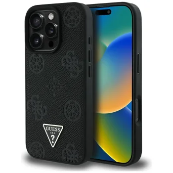 Guess Grained Hot Stamp Peony Triangle Logo MagSafe Phone Case Cover iPhone 16 Pro Max - Black