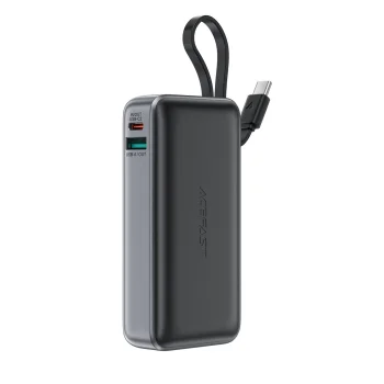 Acefast M7-10000 PD30W portatīvais lādētājs ar iebūvētu kabeli – melns | Powerbank With Built-In Cable - Black