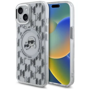 Чехол Karl Lagerfeld для iPhone 15 IML Monogram Karl & Choupette MagSafe, прозрачный