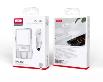 XO CE02A Wall Charger 20W USB + USB Type C + Charging Data Cable ( Type C to Apple Lightning ) 3A, White | Uzlādes...