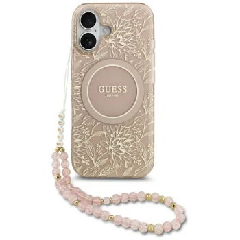 Чехол Guess IML Flowers Electro Pearl Strap MagSafe для iPhone 17 — розовый