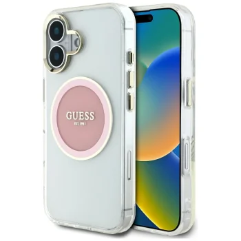 Guess IML Metal Colored Circle Classic Logo MagSafe iPhone 16 Case - Pink