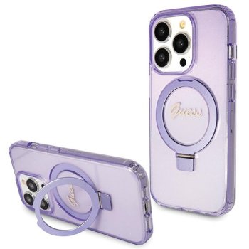 Guess iPhone 15 Pro vāciņš Ring Stand MagSafe Script Logo Glitter, violets