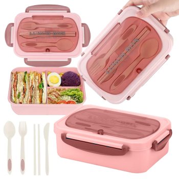 Lunch Box with Compartments and Cutlery, Pink