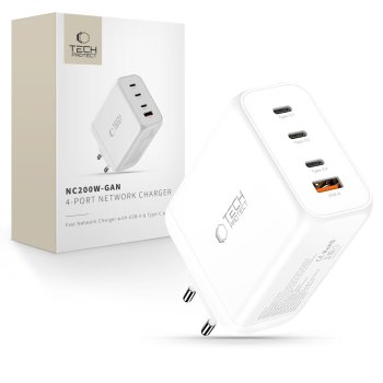 Tech-Protect NC200W-GaN 4-portu 200W sienas lādētājs – balts