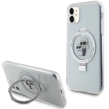 Karl Lagerfeld iPhone 11 / XR vāciņš Ring Stand Karl & Choupette MagSafe, balts