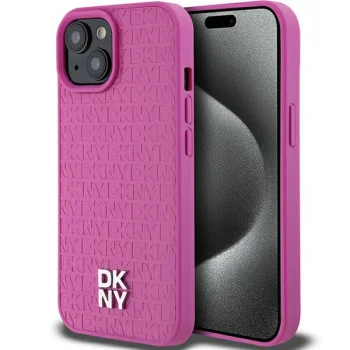 DKNY Leather Pattern Metal Logo MagSafe vāciņš iPhone 15 / 14 / 13, Rozā