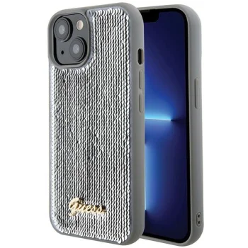 Guess iPhone 15 vāciņš Sequin Script Metal, sudraba