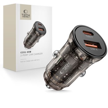 Tech-Protect CC01 45W 2-portu USB-A / USB-C automašīnas lādētājs – melns | Phone Car Charger