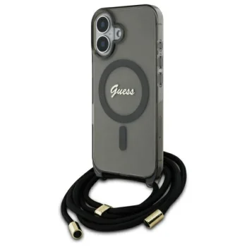 Чехол Guess для iPhone 16 Crossbody Cord Script MagSafe, черный