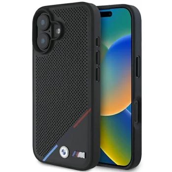 BMW M perforēts trīskrāsu līnijas MagSafe futrālis iPhone 16 - melns | Perforated Tricolor Line Case for black