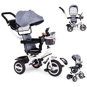 ECOTOYS Toddler Tricycle with Swivel Seat, Canopy, and Parent Handle, Grey