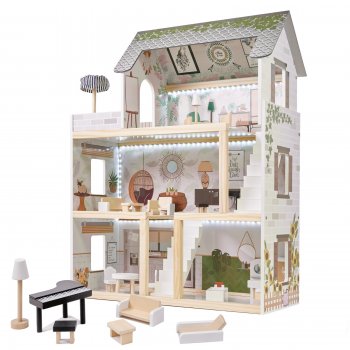 Bērnu Spēļu Koka Leļļu Māja ar Mēbelēm un LED Gaismu LULILO, 78cm | Play Dollhouse with Furniture
