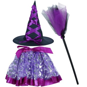 Girls Witch Costume 3-Piece Set with Hat and Broom, Purple