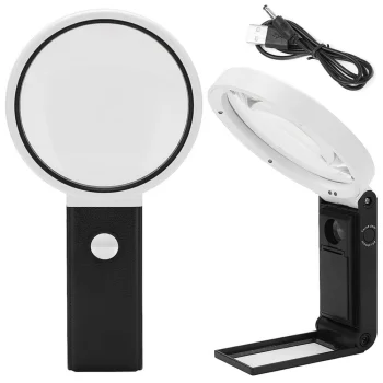 Salokāma juveliera lupa 10x 25x ar 6 LED, 2 UV un mērskalu, melnbalta