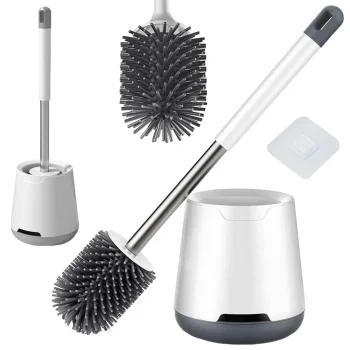 Silicone Toilet Brush with Holder, Wall-Mounted/Freestanding, White/Grey