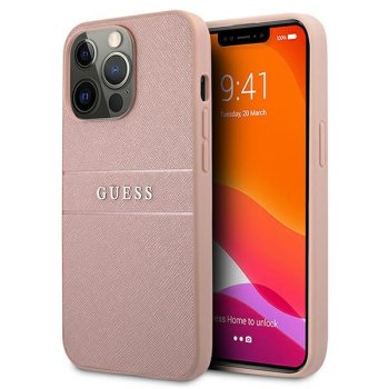 Guess iPhone 13 Pro Max vāciņš Saffiano Stripe, rozā