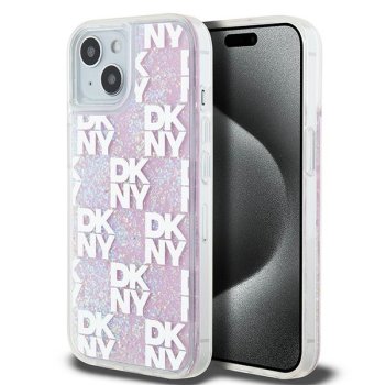 DKNY iPhone 15 / 14 / 13 vāciņš Liquid Glitter Multilogo, rozā