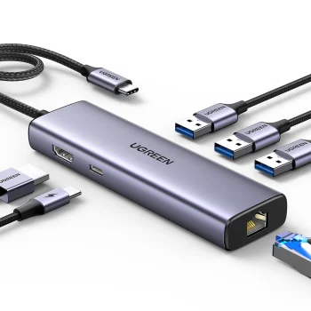 Ugreen CM512 6-in-1 USB-C centrmezgls (3x USB 3.0, HDMI, RJ45, USB-C PD) - pelēks