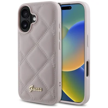 Чехол Guess для iPhone 16 Quilted Metal Logo, розовый