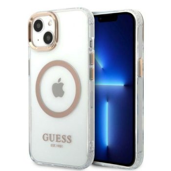 Guess Metal Outline MagSafe vāciņš iPhone 13 - caurspīdīgs ar zelta detaļām