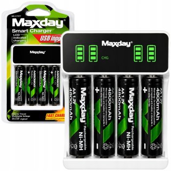 Maxday AA/AAA akumulatoru lādētājs ar LCD displeju + 4 AA akumulatori, balts