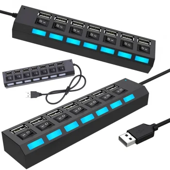 USB centrmezgls ar 7 USB 2.0 portiem, ar slēdžiem, melns
