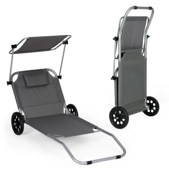 Складной пляжный шезлонг на колесах с козырьком MultiGarden, серый