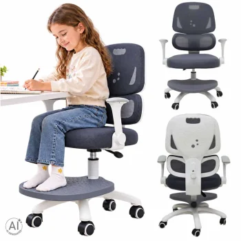 Bērnu ergonomisks rakstāmgalda krēsls ar kāju balstu, regulējams, pelēks