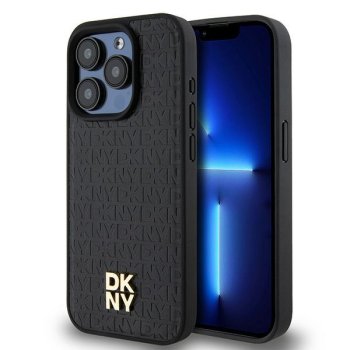 DKNY iPhone 15 Pro vāciņš Leather Monogram Pattern Metal Logo MagSafe, melns