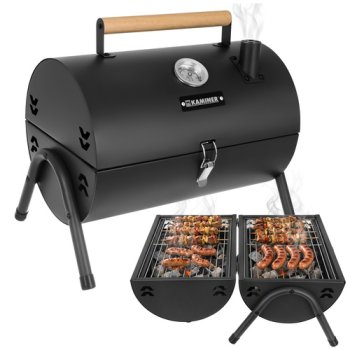 Portable Charcoal Grill Kaminer with Lid and Thermometer, black